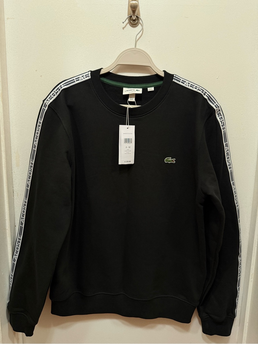 Lacoste Black Crewneck Sweatshirt with White Logo Tape